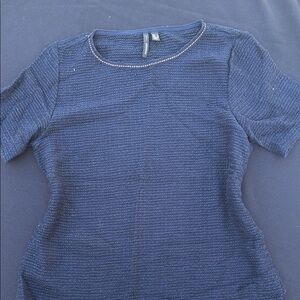Mango  Navy Short-Sleeve Textured Knit Top with Beaded Trim Small
